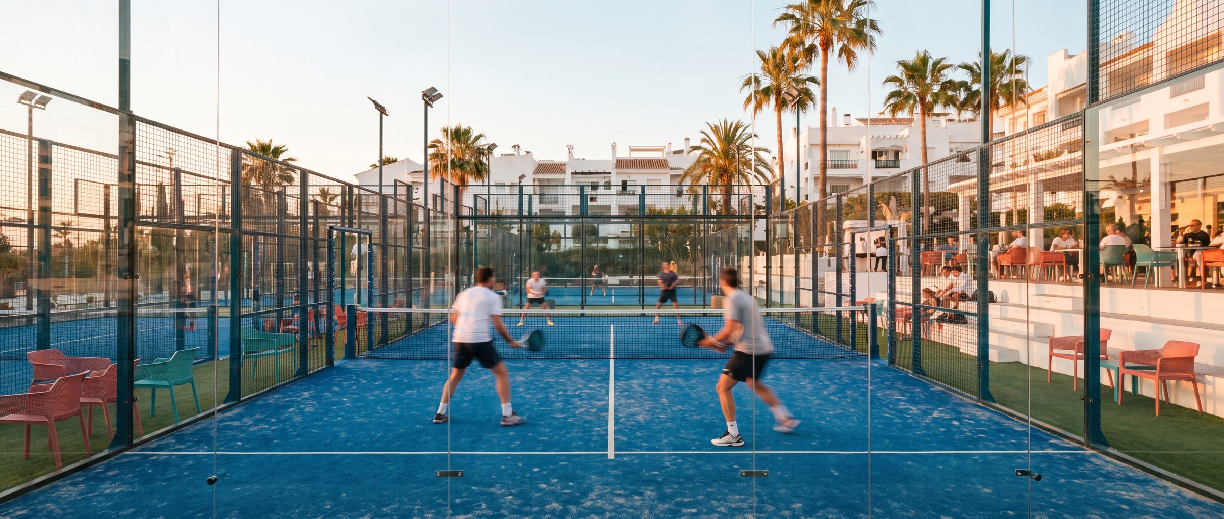 Friends celebrating on a premium padel court at golden hour in a Mediterranean resort